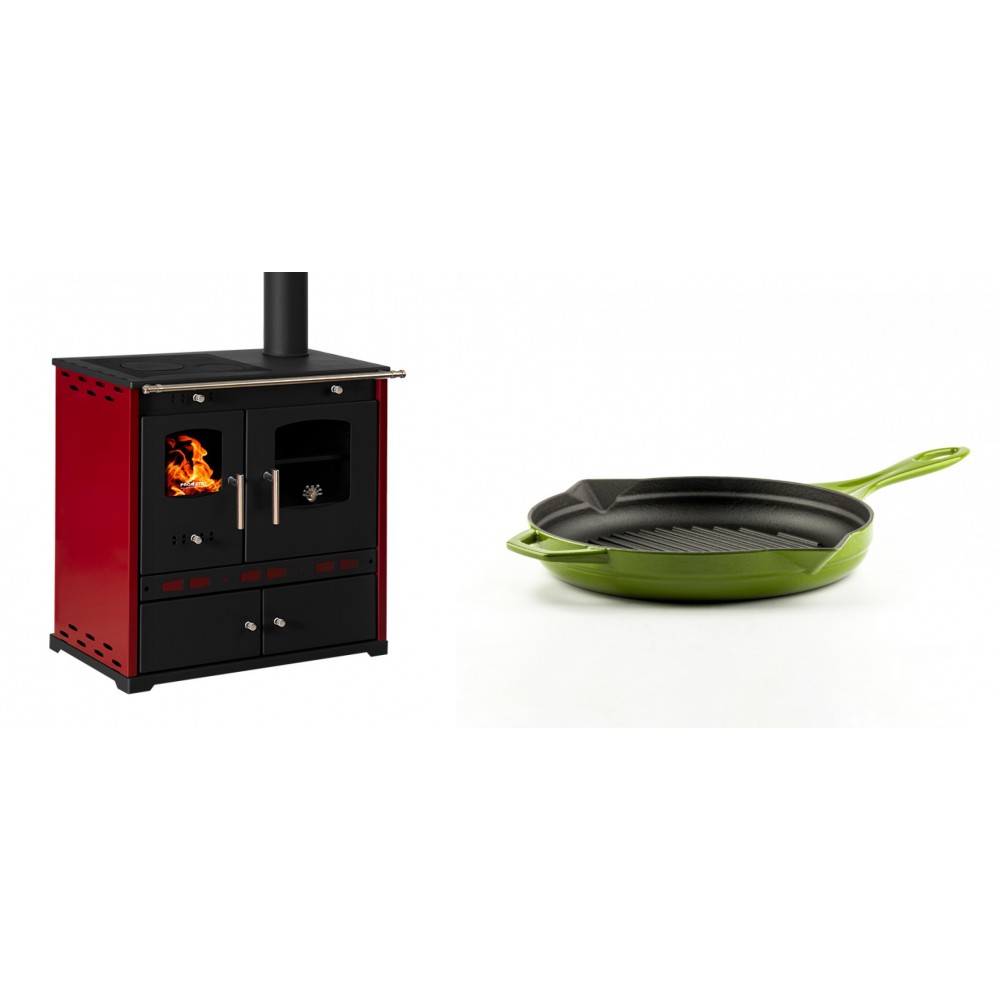 Set Küchenofen / Küchenhexe Prometey Perfect Eco Lux mit rechtem Kamin, burgunderrot, 7.1kW + Emaillierte grillpfanne Gusseisen Solagio, Bamboo, Ф24cm