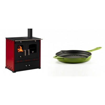 Set Küchenofen / Küchenhexe Prometey Perfect Eco Lux mit rechtem Kamin, burgunderrot, 7.1kW + Emaillierte grillpfanne Gusseisen Solagio, Bamboo, Ф24cm - Prometey