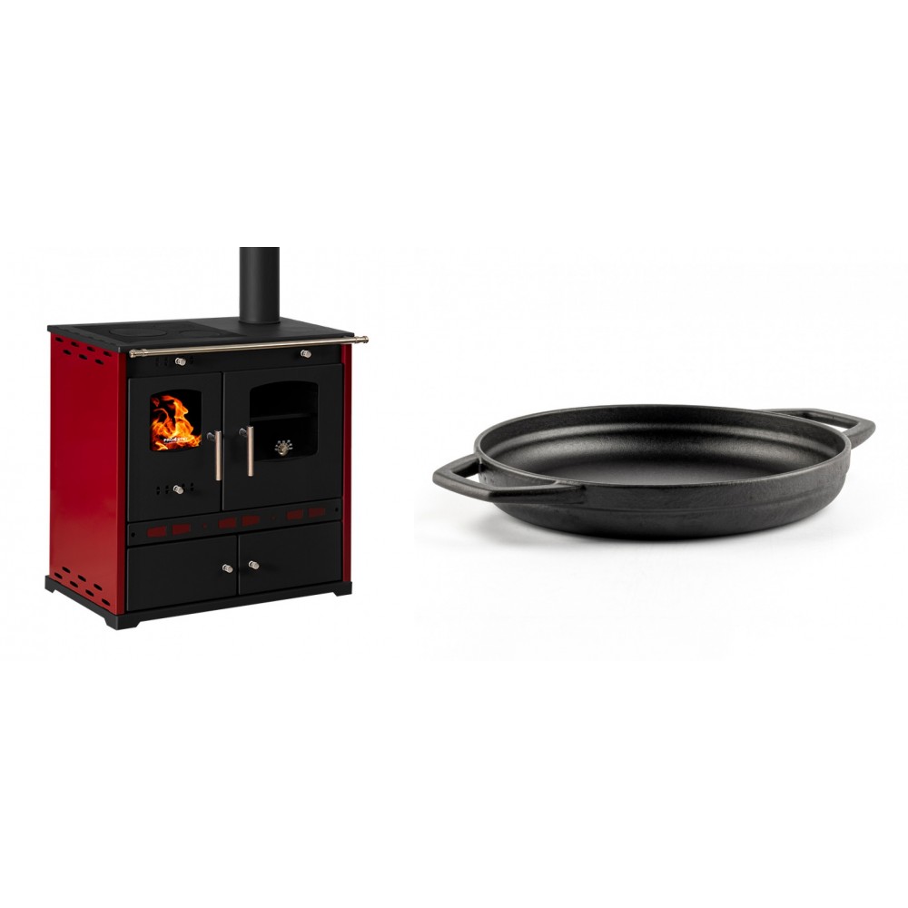 Set Küchenofen / Küchenhexe Prometey Perfect Eco Lux mit rechtem Kamin, burgunderrot, 7.1kW + Emaillierte gusseisenpfanne mit zwei Griffen Solagio, Black Onyx, Ф22cm | Kaminofen - Holzofen mit Backfach | Kaminofen |
