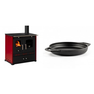 Set Küchenofen / Küchenhexe Prometey Perfect Eco Lux mit rechtem Kamin, burgunderrot, 7.1kW + Emaillierte gusseisenpfanne mit zwei Griffen Solagio, Black Onyx, Ф22cm - Prometey