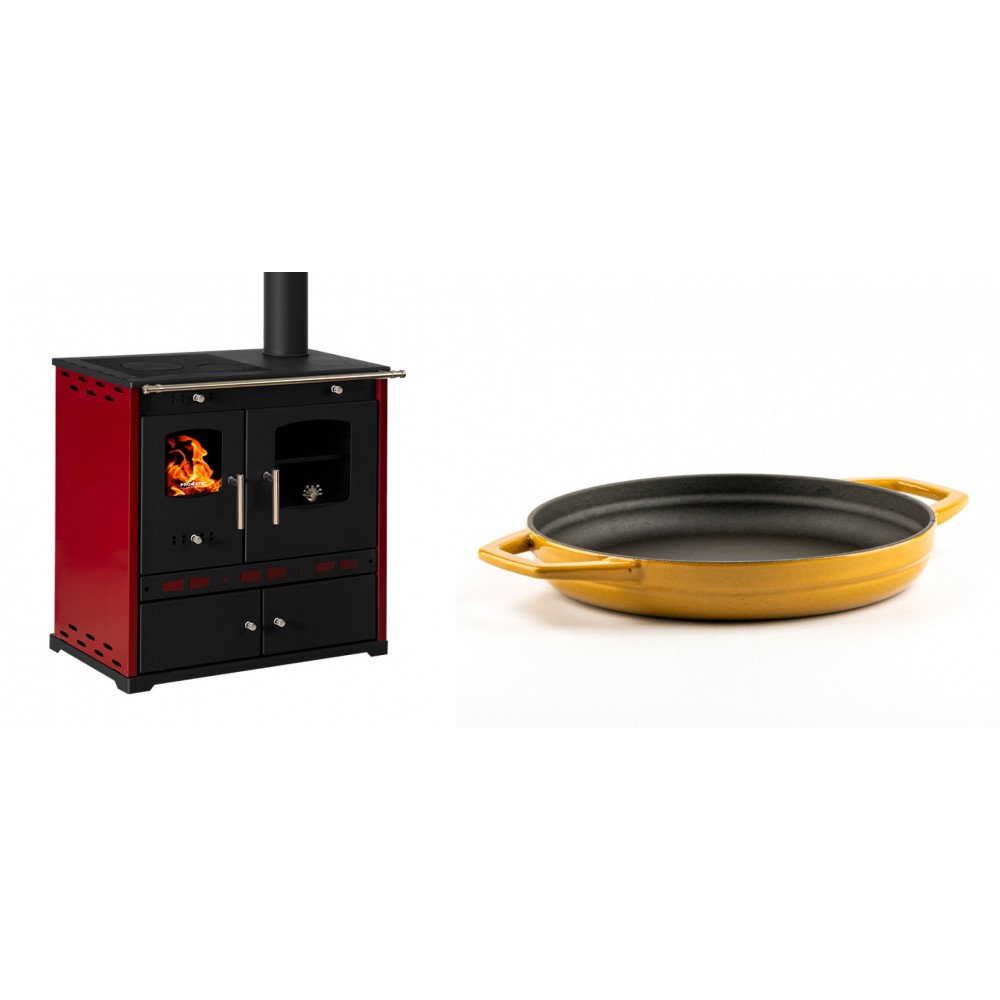 Set Küchenofen / Küchenhexe Prometey Perfect Eco Lux mit rechtem Kamin, burgunderrot, 7.1kW + Emaillierte gusseisenpfanne mit zwei Griffen Solagio, Dijon, Ф22cm