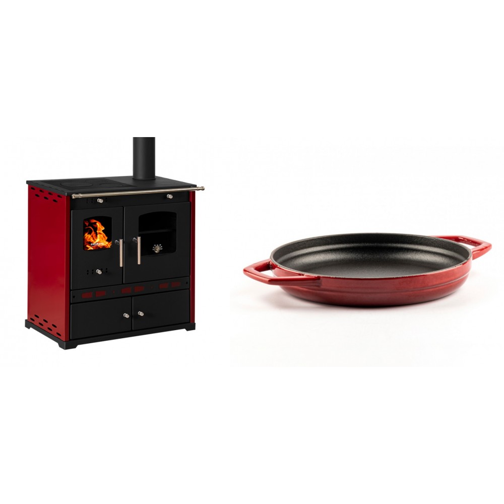 Set Küchenofen / Küchenhexe Prometey Perfect Eco Lux mit rechtem Kamin, burgunderrot, 7.1kW + Emaillierte gusseisenpfanne mit zwei Griffen Solagio, Rubin, Ф22cm | Kaminofen - Holzofen mit Backfach | Kaminofen |
