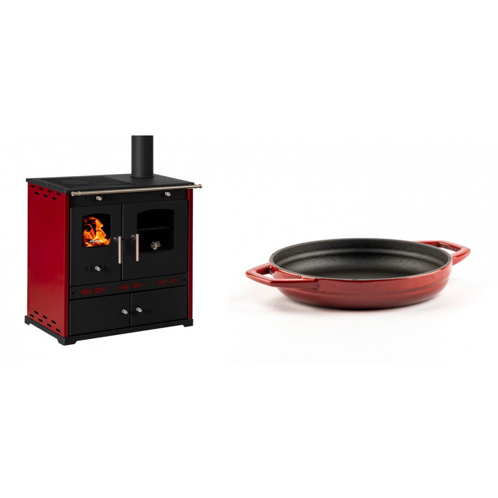 Set Küchenofen / Küchenhexe Prometey Perfect Eco Lux mit rechtem Kamin, burgunderrot, 7.1kW + Emaillierte gusseisenpfanne mit zwei Griffen Solagio, Rubin, Ф19cm