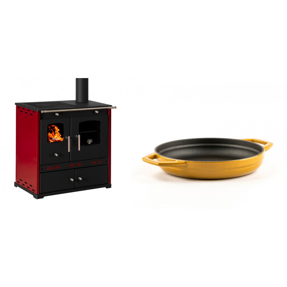 Set Küchenofen / Küchenhexe Prometey Perfect Eco Lux mit rechtem Kamin, burgunderrot, 7.1kW + Emaillierte gusseisenpfanne mit zwei Griffen Solagio, Dijon, Ф19cm | Kaminofen - Holzofen mit Backfach | Kaminofen |