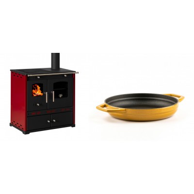 Set Küchenofen / Küchenhexe Prometey Perfect Eco Lux mit rechtem Kamin, burgunderrot, 7.1kW + Emaillierte gusseisenpfanne mit zwei Griffen Solagio, Dijon, Ф19cm - Prometey