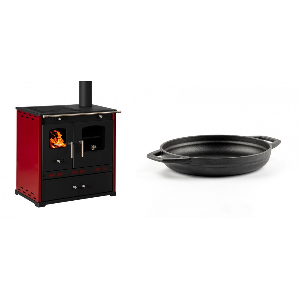 Set Küchenofen / Küchenhexe Prometey Perfect Eco Lux mit rechtem Kamin, burgunderrot, 7.1kW + Emaillierte gusseisenpfanne mit zwei Griffen Solagio, Black Onyx, Ф19cm