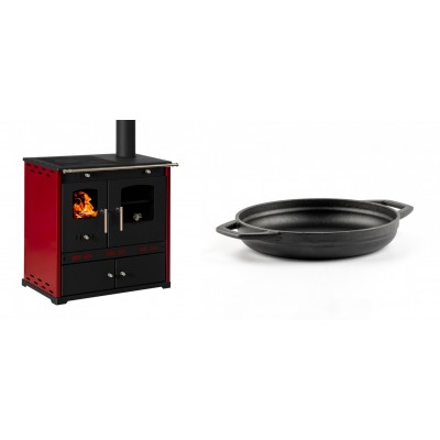 Set Küchenofen / Küchenhexe Prometey Perfect Eco Lux mit rechtem Kamin, burgunderrot, 7.1kW + Emaillierte gusseisenpfanne mit zwei Griffen Solagio, Black Onyx, Ф19cm - Prometey