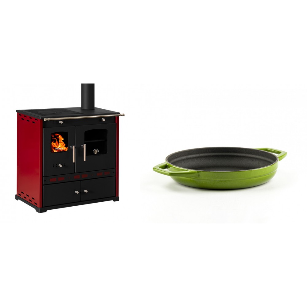 Set Küchenofen / Küchenhexe Prometey Perfect Eco Lux mit rechtem Kamin, burgunderrot, 7.1kW + Emaillierte gusseisenpfanne mit zwei Griffen Solagio, Bamboo, Ф19cm