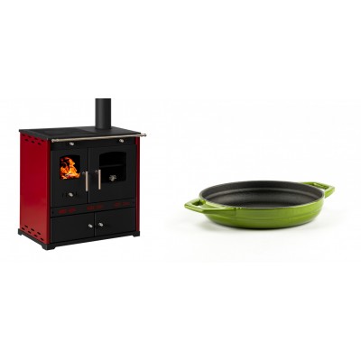 Set Küchenofen / Küchenhexe Prometey Perfect Eco Lux mit rechtem Kamin, burgunderrot, 7.1kW + Emaillierte gusseisenpfanne mit zwei Griffen Solagio, Bamboo, Ф16cm - Prometey