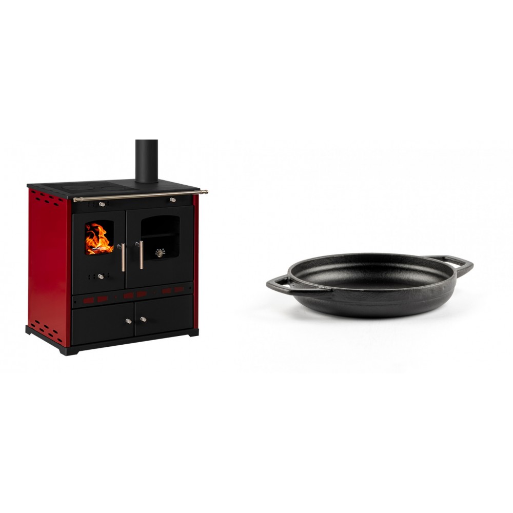 Set Küchenofen / Küchenhexe Prometey Perfect Eco Lux mit rechtem Kamin, burgunderrot, 7.1kW + Emaillierte gusseisenpfanne mit zwei Griffen Solagio, Black Onyx, Ф16cm