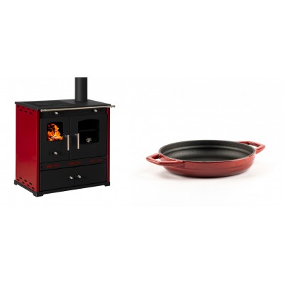 Set Küchenofen / Küchenhexe Prometey Perfect Eco Lux mit rechtem Kamin, burgunderrot, 7.1kW + Emaillierte gusseisenpfanne mit zwei Griffen Solagio, Rubin, Ф16cm - Prometey