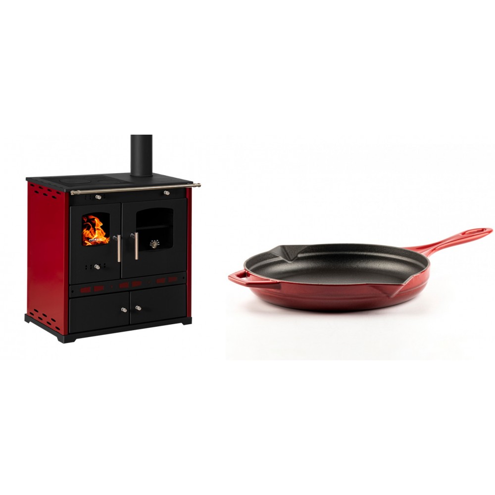 Set Küchenofen / Küchenhexe Prometey Perfect Eco Lux mit rechtem Kamin, burgunderrot, 7.1kW + Emaillierte Gusseisenpfanne Solagio, Rubin, Ф28cm
