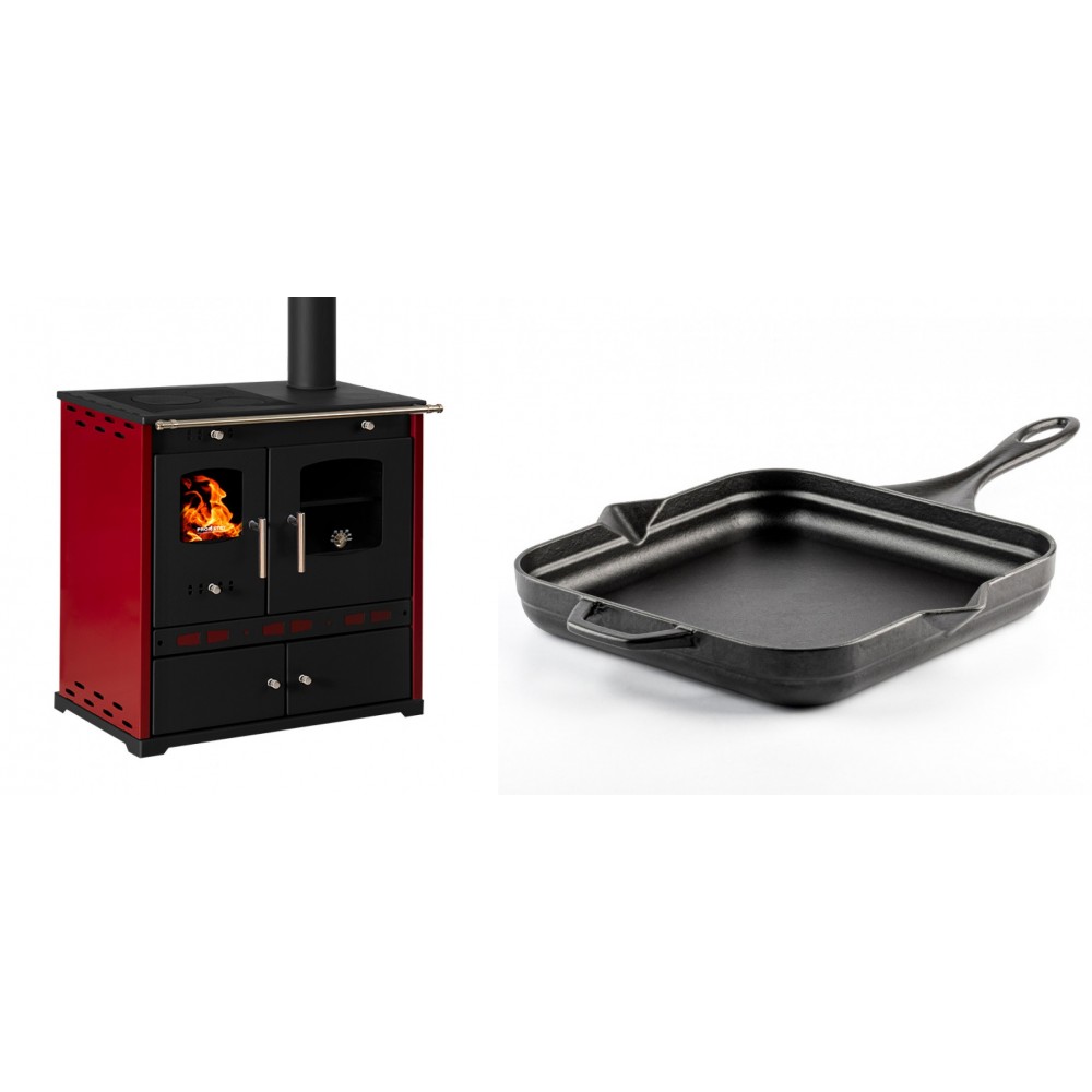 Set Küchenofen / Küchenhexe Prometey Perfect Eco Lux mit rechtem Kamin, burgunderrot, 7.1kW + Emaillierte Gusseisenpfanne Solagio, Black Onyx, 28x28cm
