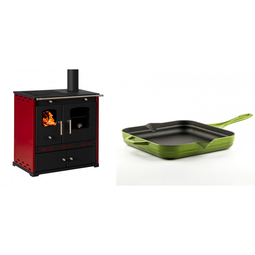 Set Küchenofen / Küchenhexe Prometey Perfect Eco Lux mit rechtem Kamin, burgunderrot, 7.1kW + Emaillierte Gusseisenpfanne Solagio, Bamboo, 28x28cm