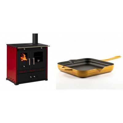 Set Küchenofen / Küchenhexe Prometey Perfect Eco Lux mit rechtem Kamin, burgunderrot, 7.1kW + Emaillierte Gusseisenpfanne Solagio, Dijon, 28x28cm - Prometey
