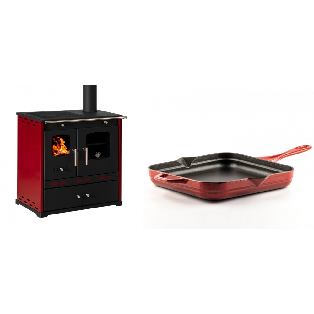 Set Küchenofen / Küchenhexe Prometey Perfect Eco Lux mit rechtem Kamin, burgunderrot, 7.1kW + Emaillierte Gusseisenpfanne Solagio, Rubin, 28x28cm