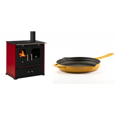 Set Küchenofen / Küchenhexe Prometey Perfect Eco Lux mit rechtem Kamin, burgunderrot, 7.1kW + Emaillierte Gusseisenpfanne Solagio, Dijon, Ф28cm - Prometey