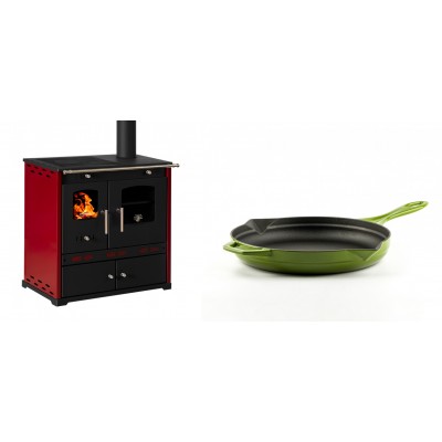 Set Küchenofen / Küchenhexe Prometey Perfect Eco Lux mit rechtem Kamin, burgunderrot, 7.1kW + Emaillierte Gusseisenpfanne Solagio, Bamboo, Ф24cm - Prometey