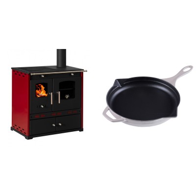 Set Küchenofen / Küchenhexe Prometey Perfect Eco Lux mit rechtem Kamin, burgunderrot, 7.1kW + Emaillierte Gusseisenpfanne Solagio, Ivory, Ф28cm - Prometey
