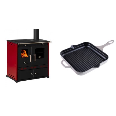 Set Küchenofen / Küchenhexe Prometey Perfect Eco Lux mit rechtem Kamin, burgunderrot, 7.1kW + Emaillierte grillpfanne Gusseisen Solagio, Ivory, 28x28cm - Prometey