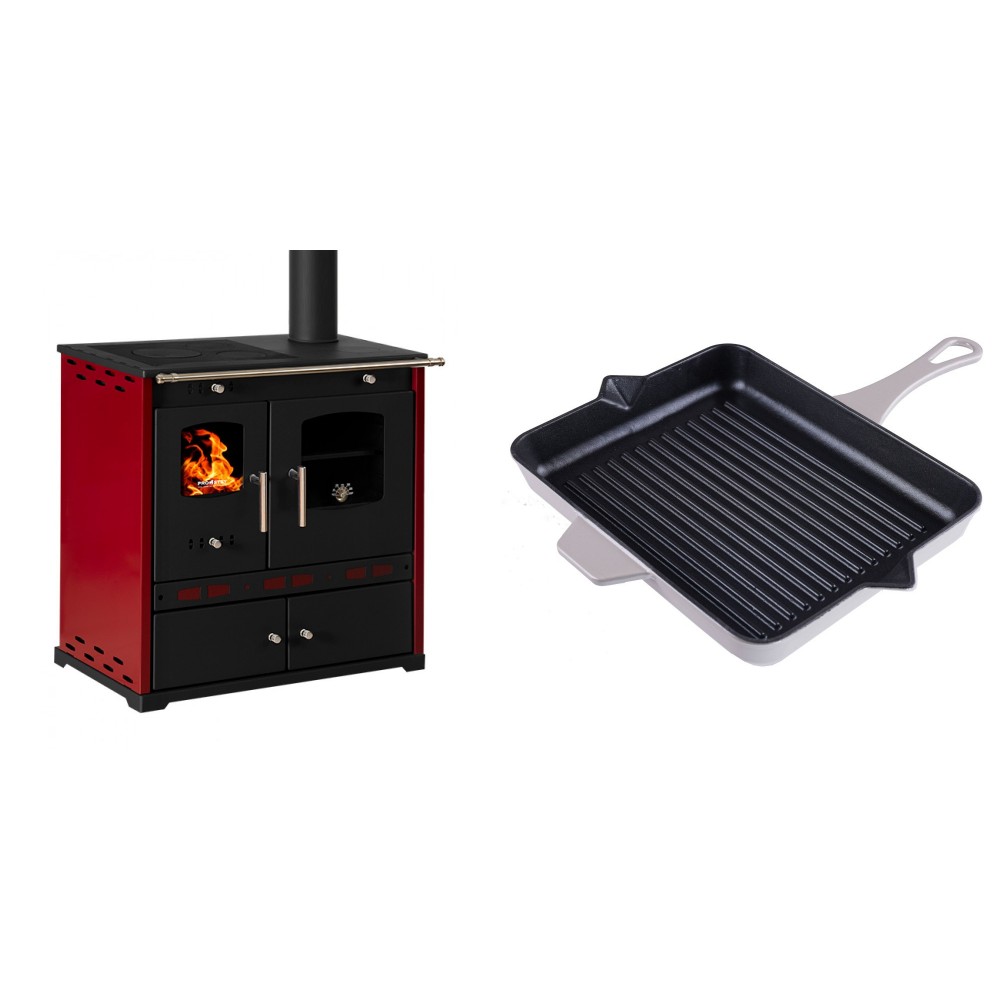 Set Küchenofen / Küchenhexe Prometey Perfect Eco Lux mit rechtem Kamin, burgunderrot, 7.1kW + Emaillierte grillpfanne Gusseisen Solagio, Ivory, 26x32cm | Kaminofen - Holzofen mit Backfach | Kaminofen |