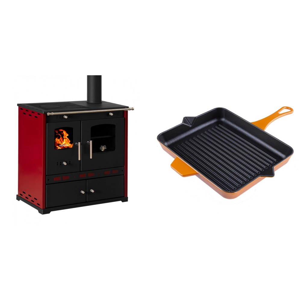 Set Küchenofen / Küchenhexe Prometey Perfect Eco Lux mit rechtem Kamin, burgunderrot, 7.1kW + Emaillierte grillpfanne Gusseisen Solagio, Dijon, 26x32cm | Kaminofen - Holzofen mit Backfach | Kaminofen |