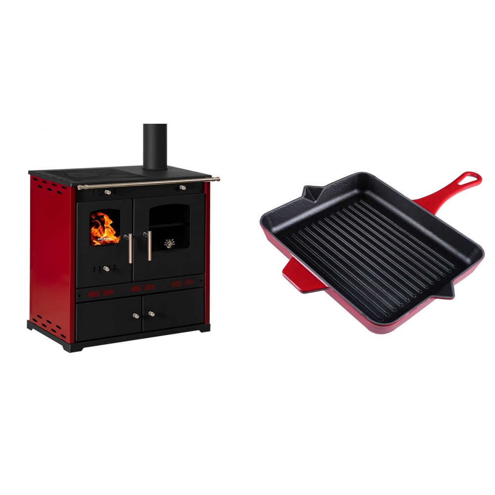 Set Küchenofen / Küchenhexe Prometey Perfect Eco Lux mit rechtem Kamin, burgunderrot, 7.1kW + Emaillierte grillpfanne Gusseisen Solagio, Rubin, 26x32cm | Kaminofen - Holzofen mit Backfach | Kaminofen |