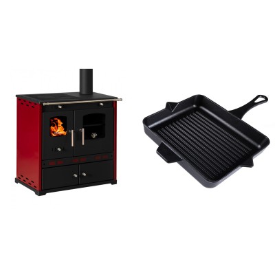 Set Küchenofen / Küchenhexe Prometey Perfect Eco Lux mit rechtem Kamin, burgunderrot, 7.1kW + Emaillierte grillpfanne Gusseisen Solagio, Black Onyx, 26x32cm - Prometey