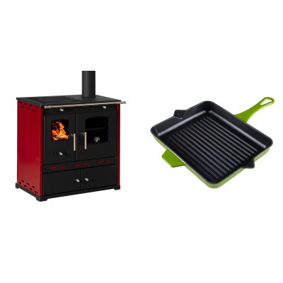 Set Küchenofen / Küchenhexe Prometey Perfect Eco Lux mit rechtem Kamin, burgunderrot, 7.1kW + Emaillierte grillpfanne Gusseisen Solagio, Bamboo, 26x32cm - Prometey