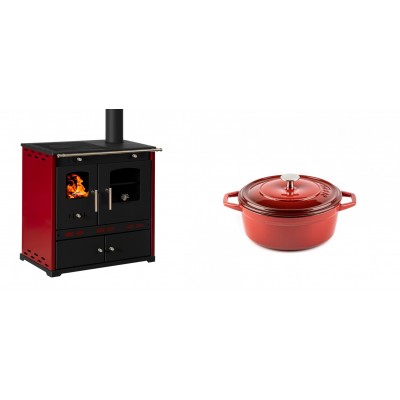 Set Küchenofen / Küchenhexe Prometey Perfect Eco Lux mit rechtem Kamin, burgunderrot, 7.1kW + Gusseisen Topf Tiefer Solagio, Rubin, Ф12 - Prometey