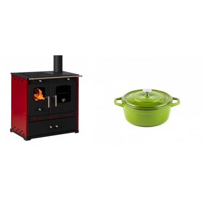 Set Küchenofen / Küchenhexe Prometey Perfect Eco Lux mit rechtem Kamin, burgunderrot, 7.1kW + Gusseisen Topf Tiefer Solagio, Bamboo, Ф12 - Prometey