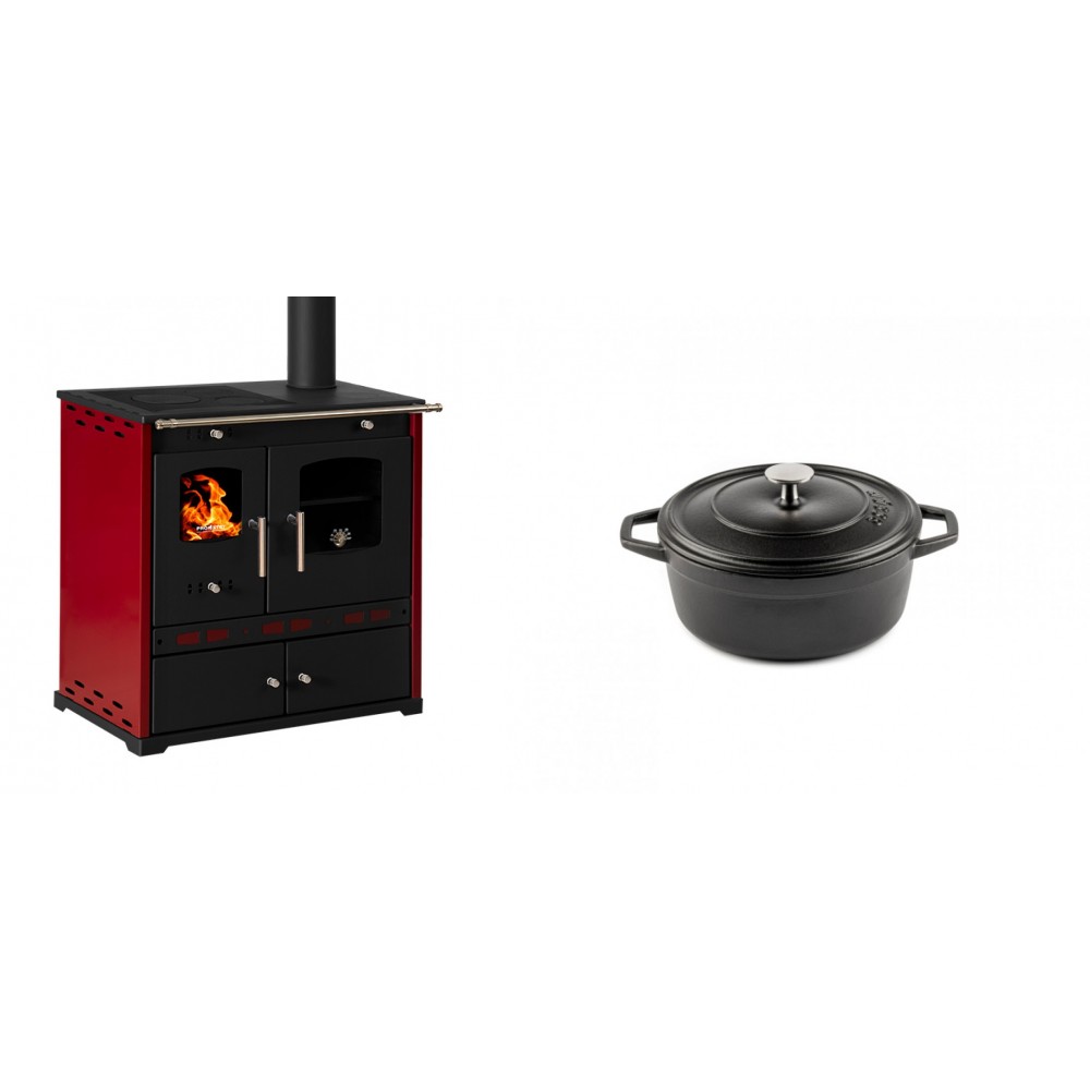 Set Küchenofen / Küchenhexe Prometey Perfect Eco Lux mit rechtem Kamin, burgunderrot, 7.1kW + Gusseisen Topf Tiefer Solagio, Black Onyx, Ф12 | Kaminofen - Holzofen mit Backfach | Kaminofen |