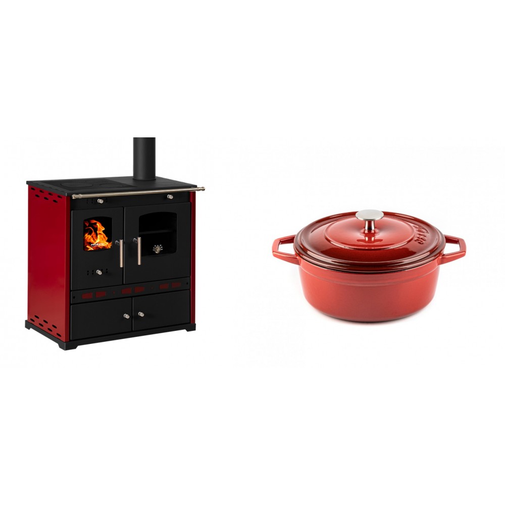 Set Küchenofen / Küchenhexe Prometey Perfect Eco Lux mit rechtem Kamin, burgunderrot, 7.1kW + Gusseisen Topf Tiefer Solagio, Rubin, Ф20