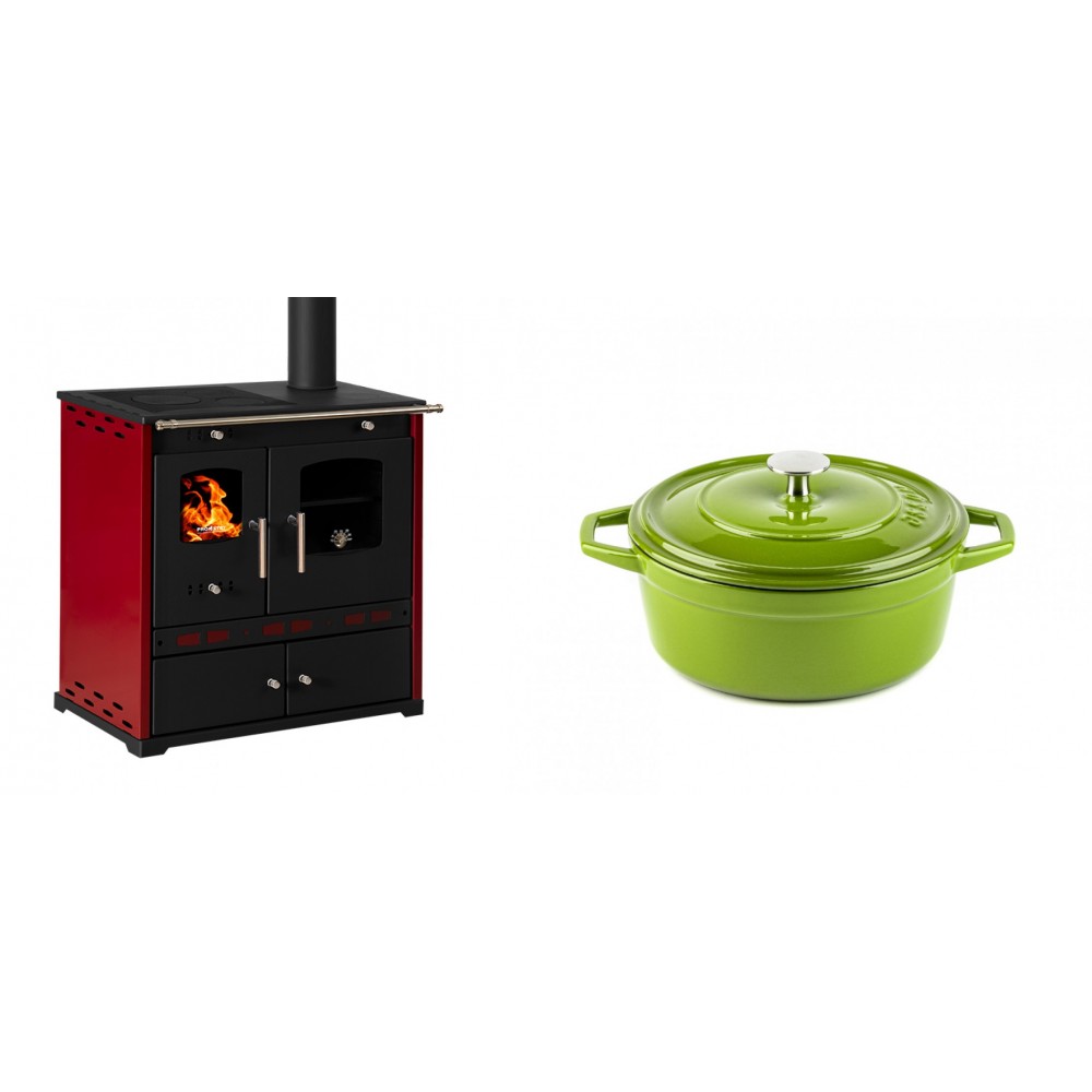 Set Küchenofen / Küchenhexe Prometey Perfect Eco Lux mit rechtem Kamin, burgunderrot, 7.1kW + Gusseisen Topf Tiefer Solagio, Bamboo, Ф20