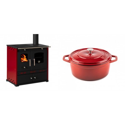 Set Küchenofen / Küchenhexe Prometey Perfect Eco Lux mit rechtem Kamin, burgunderrot, 7.1kW + Gusseisen Topf Tiefer Solagio, Rubin, Ф24 - Prometey