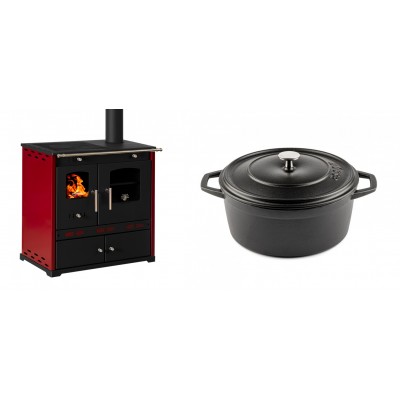 Set Küchenofen / Küchenhexe Prometey Perfect Eco Lux mit rechtem Kamin, burgunderrot, 7.1kW + Gusseisen Topf Tiefer Solagio, Black Onyx, Ф24 - Prometey