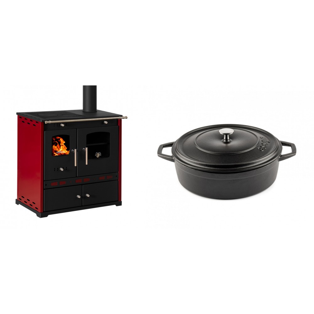 Set Küchenofen / Küchenhexe Prometey Perfect Eco Lux mit rechtem Kamin, burgunderrot, 7.1kW + Gusseisen Topf Flach Solagio, Black Onyx, Ф26 | Kaminofen - Holzofen mit Backfach | Kaminofen |