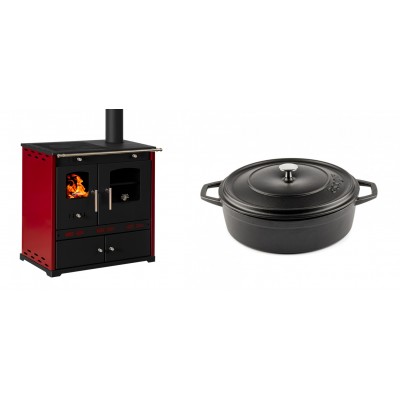 Set Küchenofen / Küchenhexe Prometey Perfect Eco Lux mit rechtem Kamin, burgunderrot, 7.1kW + Gusseisen Topf Flach Solagio, Black Onyx, Ф26 - Prometey