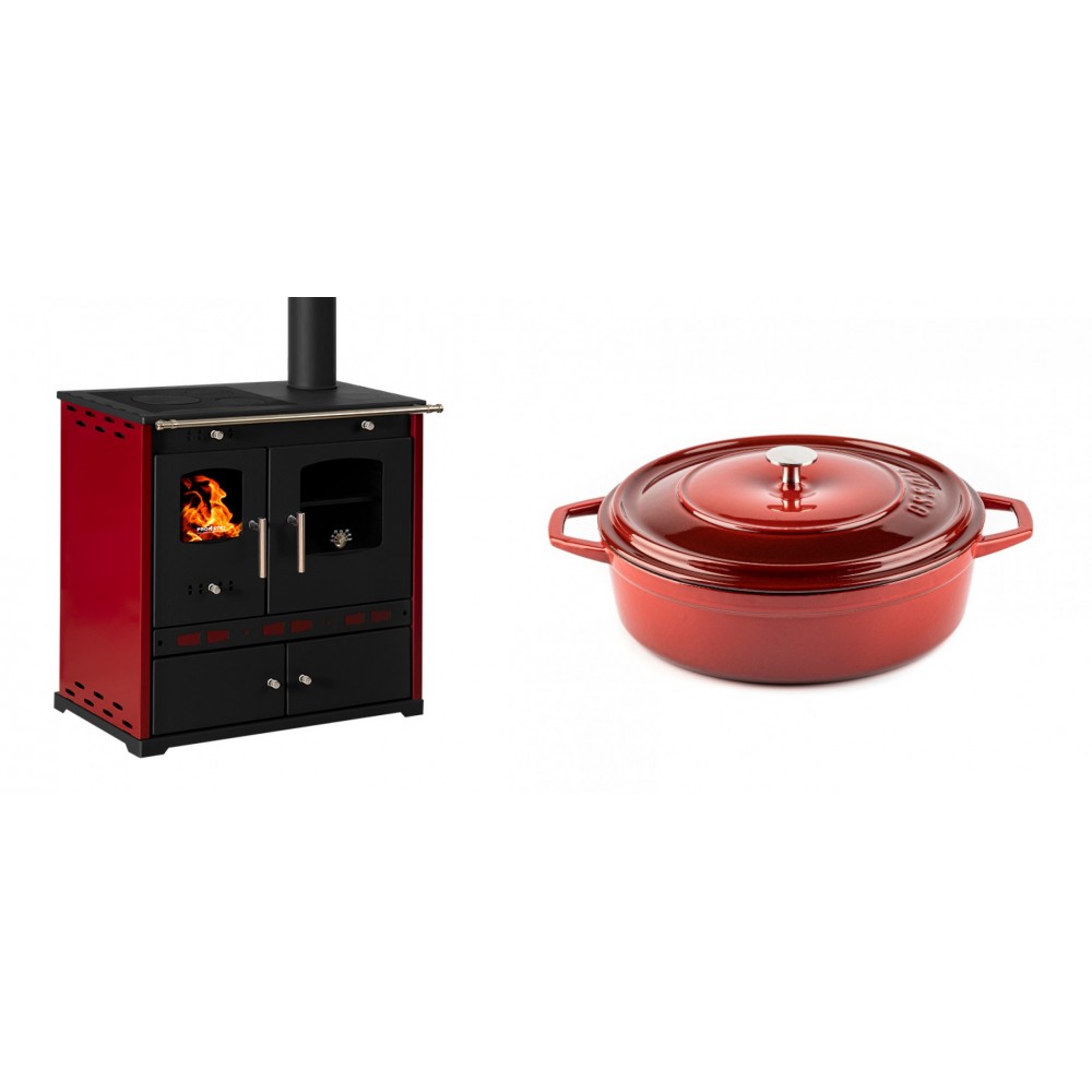 Set Küchenofen / Küchenhexe Prometey Perfect Eco Lux mit rechtem Kamin, burgunderrot, 7.1kW + Gusseisen Topf Flach Solagio, Rubin, Ф26