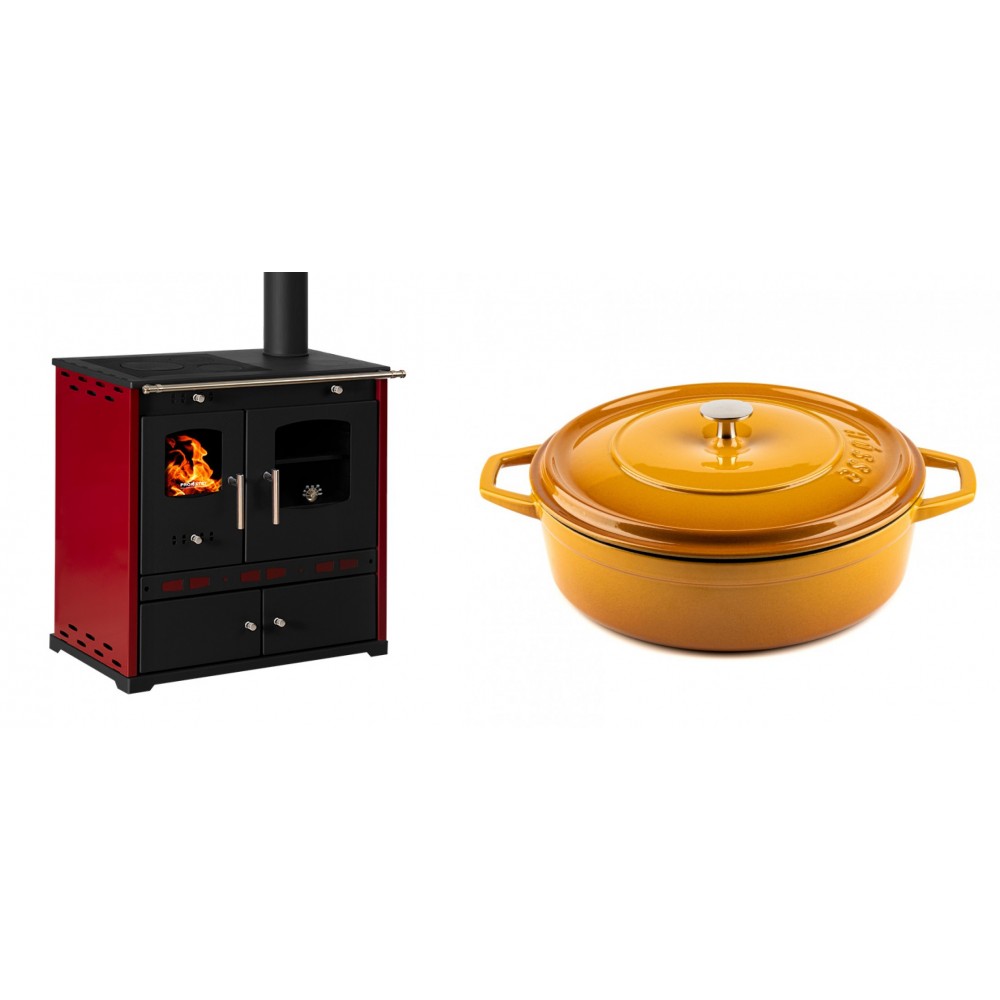 Set Küchenofen / Küchenhexe Prometey Perfect Eco Lux mit rechtem Kamin, burgunderrot, 7.1kW + Gusseisen Topf Flach Solagio, Dijon, Ф28