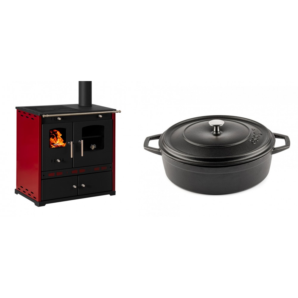 Set Küchenofen / Küchenhexe Prometey Perfect Eco Lux mit rechtem Kamin, burgunderrot, 7.1kW + Gusseisen Topf Flach Solagio, Black Onyx, Ф28