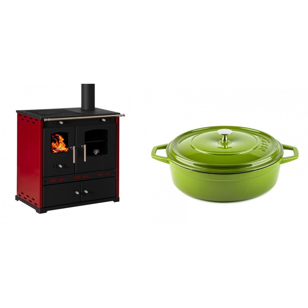 Set Küchenofen / Küchenhexe Prometey Perfect Eco Lux mit rechtem Kamin, burgunderrot, 7.1kW + Gusseisen Topf Flach Solagio, Bamboo, Ф28 | Kaminofen - Holzofen mit Backfach | Kaminofen |
