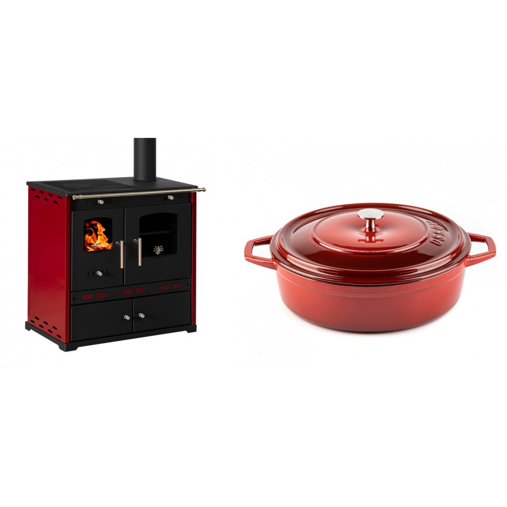 Set Küchenofen / Küchenhexe Prometey Perfect Eco Lux mit rechtem Kamin, burgunderrot, 7.1kW + Gusseisen Topf Flach Solagio, Rubin, Ф28