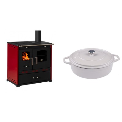 Set Küchenofen / Küchenhexe Prometey Perfect Eco Lux mit rechtem Kamin, burgunderrot, 7.1kW + Gusseisen Topf Flach Solagio, Ivory, Ф28 - Prometey
