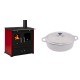 Set Küchenofen / Küchenhexe Prometey Perfect Eco Lux mit rechtem Kamin, burgunderrot, 7.1kW + Gusseisen Topf Flach Solagio, Ivory, Ф28 | Kaminofen - Holzofen mit Backfach | Kaminofen |