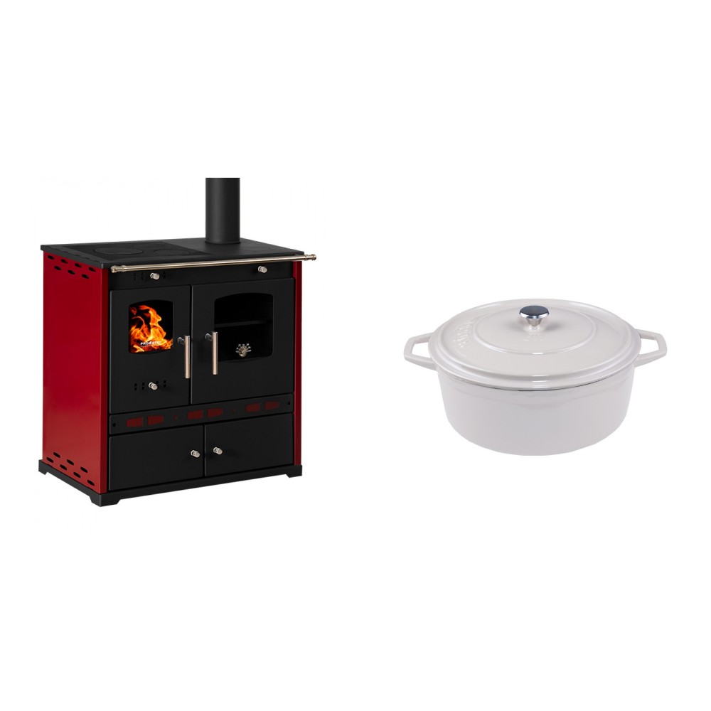 Set Küchenofen / Küchenhexe Prometey Perfect Eco Lux mit rechtem Kamin, burgunderrot, 7.1kW + Gusseisen Topf Tiefer Solagio, Ivory, Ф20