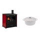 Set Küchenofen / Küchenhexe Prometey Perfect Eco Lux mit rechtem Kamin, burgunderrot, 7.1kW + Gusseisen Topf Tiefer Solagio, Ivory, Ф20 | Kaminofen - Holzofen mit Backfach | Kaminofen |