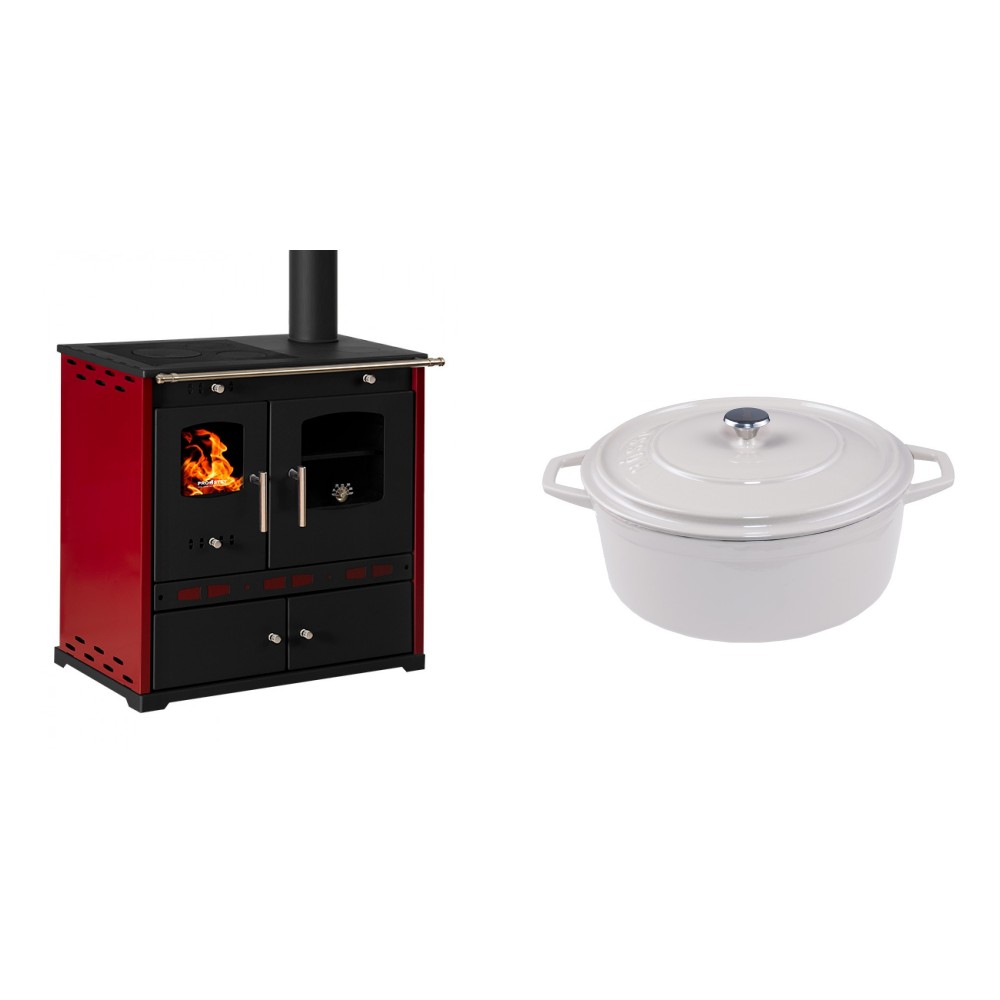 Set Küchenofen / Küchenhexe Prometey Perfect Eco Lux mit rechtem Kamin, burgunderrot, 7.1kW + Gusseisen Topf Tiefer Solagio, Ivory, Ф24