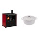 Set Küchenofen / Küchenhexe Prometey Perfect Eco Lux mit rechtem Kamin, burgunderrot, 7.1kW + Gusseisen Topf Tiefer Solagio, Ivory, Ф24 | Kaminofen - Holzofen mit Backfach | Kaminofen |