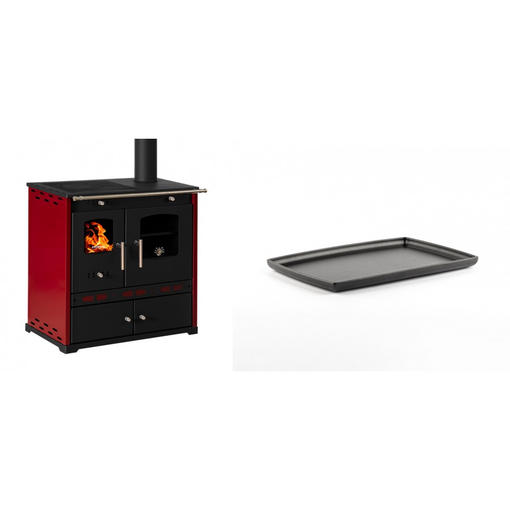 Set Küchenofen / Küchenhexe Prometey Perfect Eco Lux mit rechtem Kamin, burgunderrot, 7.1kW + Rechteckige Servierplatte aus Gusseisen Solagio, 21x31cm | Kaminofen - Holzofen mit Backfach | Kaminofen |
